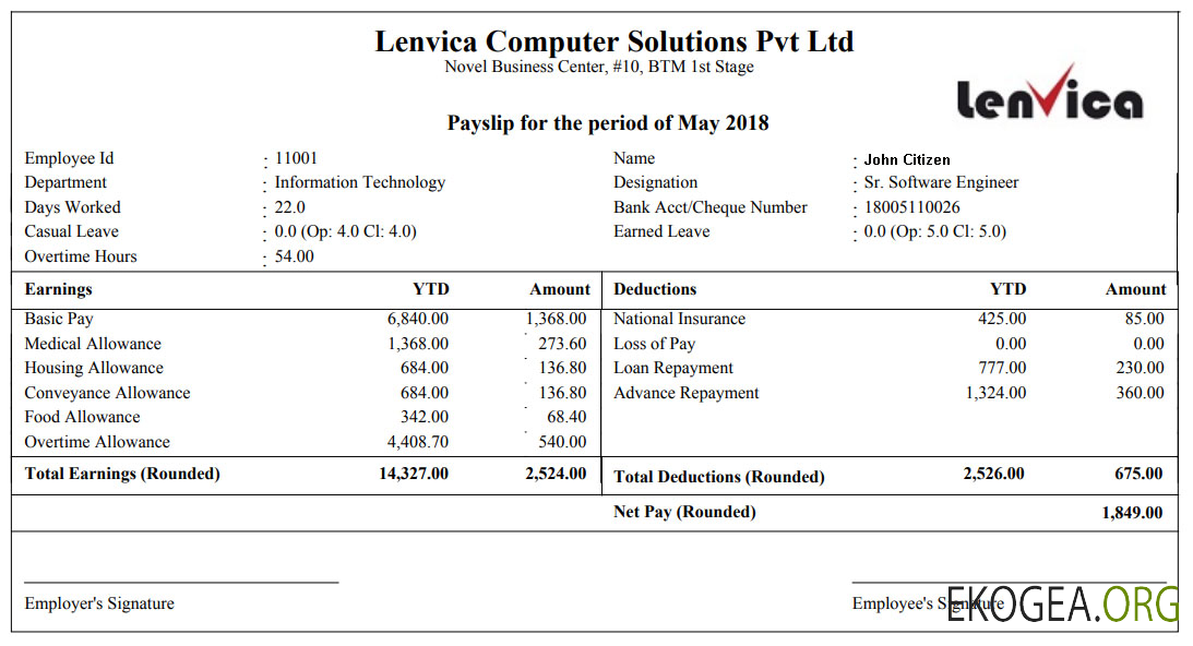Fiche de paie LENVICA Computer Solutions Pvt Ltd aux formats Word et PDF